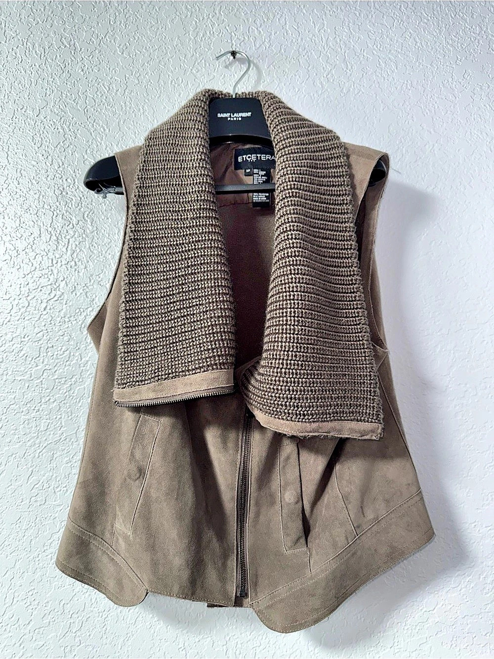 Etcetera Genuine Suede Knit Collar Vest Brown Taupe Size 12